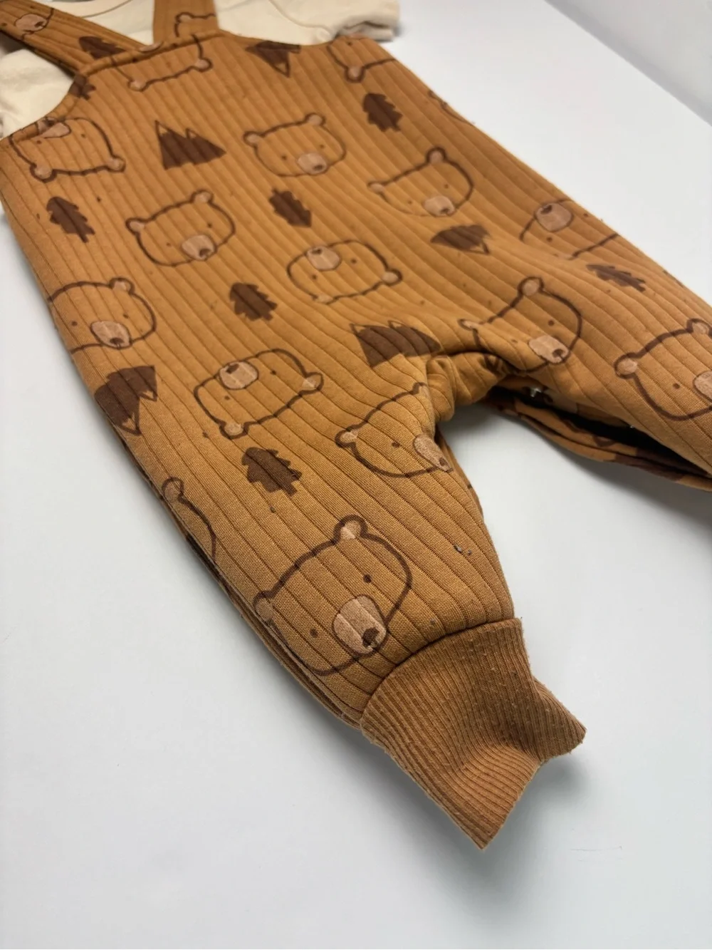 Brown Bear Print Ribbed Overalls Matching Set with Cream Dino Tee